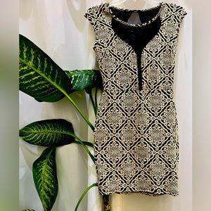 Alt B Size Jrs M Bodycon Mini Beige and Black Dress With Black Mesh Details